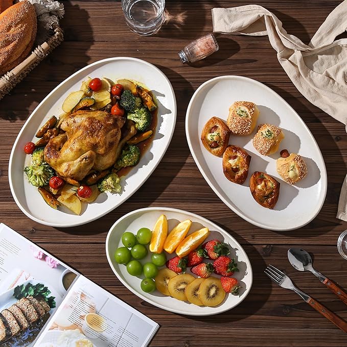 Ceramic Large Serving Platters- Set of 3 Oval Platters for Entertaining. Kitchen Dishes for Dinner, Fruit, Salad, Turkey, etc. Oven, Dishwasher Safe, 15.75"/13.75"/12",Mixed White