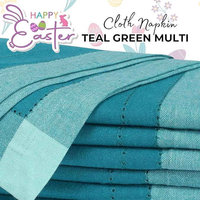 Bedding Craft Cotton Cloth Dinner Napkins Set of 12 – 20x20 Teal Multi Double Hemstitched – Machine Washable Reusable Fabric Napkins for Weddings & Dinner Tables