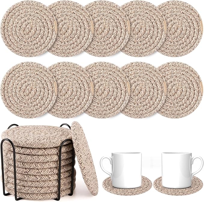 OIAHOMY 10 Pcs Drink Coasters with Holder, Boho Cotton Woven Coaster Set, Absorbent Coaster Protection for Various Cups, Ideal for Coffee Tables Home Decor and Gift, 4.3 Inches,Mixed Brown