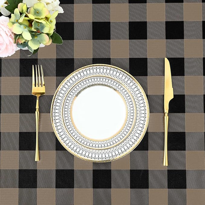 misaya Rectangle Waterproof Vinyl Table Cloth, Buffalo Flannel Backed Tablecloth, Wipeable Plastic Table Cover for Dinner, Kitchen, Outdoor (60" x 120", Black and Khaki)