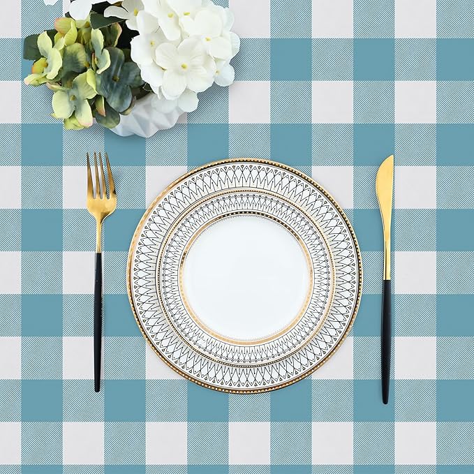 misaya Rectangle Waterproof Vinyl Table Cloth, Buffalo Flannel Backed Tablecloth, Wipeable Plastic Table Cover for Dinner, Kitchen, Outdoor (60" x 120", Aquamarine and White)