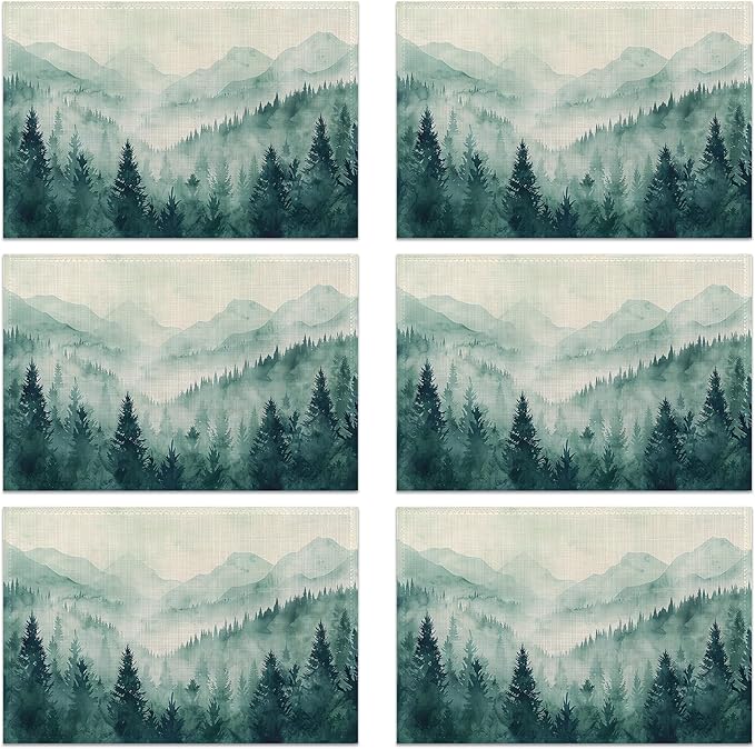 Placemats, Watercolor Forest Landscape Placemats 12x18 Inch Waterproof Non-Slip Washable Table Mats for Kitchen Dining Party Table Decor,Set of 6