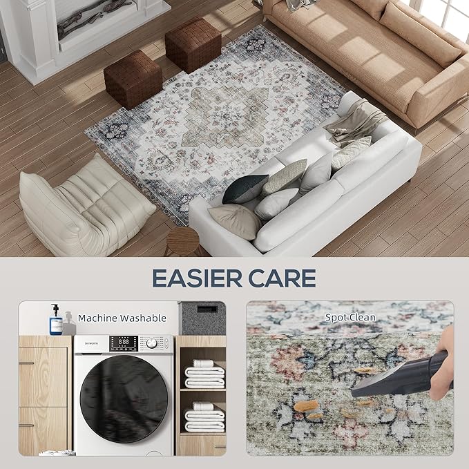 HOMCOM Washable Area Rug, 4'x6' Vintage Indoor Distressed Carpet, Retro Floor Cover Foldable, Floral Print Mat for Living Room, Bedroom, Dining Room, Brown and Green