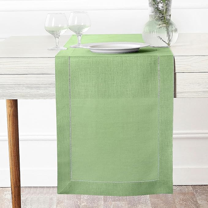 D'Moksha Homes Linen Sage Green Table Runner 36 Inches - 100% Pure Linen Small Table Runner 14 x 36 Inch Ideal for Dresser, Coffee Tables, Spring, St Patricks Day, Easter - Classic Hemstitch