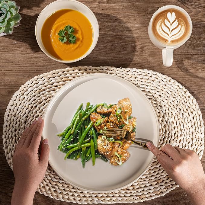 GBHOME Ceramic Dinnerware Sets for 6, 18 Pieces Stoneware Plates and Bowls Sets, Scratch Resistant Dishes, Dishwasher & Microwave Safe, Reactive Glaze-Vanilla color