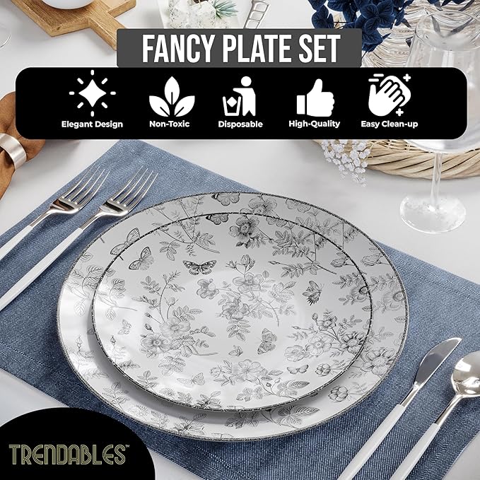 Trendables Disposable Plates For Party Supplies | Black Floral Plastic Plates For Wedding 40 Pcs - 20 X 8 & 20 X 10 Dinner Plate Sets | Floral Plate Set Disposable Plastic Dinnerware Sets