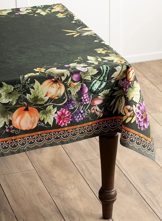 Maison d' Hermine Table Cloth Rectangle Table 100% Cotton 60 x 108 Inches Fall Tablecloth Reusable Everyday Use for Thanksgiving Christmas Decorations Dining Farmhouse (Pumpkin Garden - Dark Green)