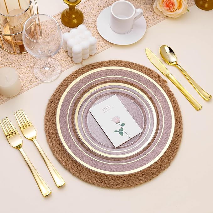 BESTSTAR 100PCS Clear Plastic Plates for Party, 10.25 Inch Disposable Plates with Gold Rim, Heavy Duty Dinner Plates for Christmas, Wedding and Birthday