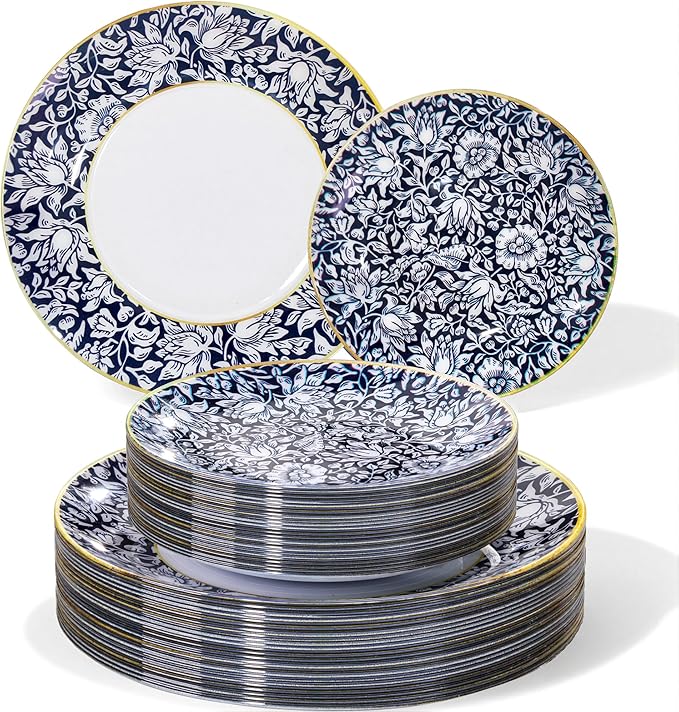 Hioasis 60pcs Plastic Disposable Plates Set - Blue & White Floral Pattern with Gold Rim, 10.25 Dinner & 7.5 Dessert Plates for Wedding,Anniversary,Party and Holiday