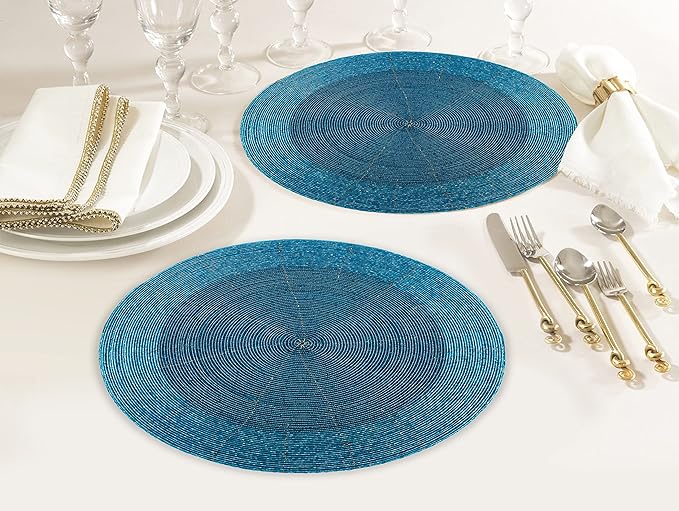 Lightnpro Glitz Beaded Charger Placemat - Turquoise Blue Placemat Set of 4, Handmade Round Table Mats - Christmas Xmas Dining Harvest Fall Holiday Celebration Festive Party Table Décor - 13 inch