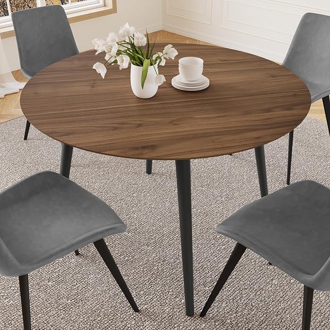 43.3 Inch Round Dining Table Set for 4, Modern Small Kitchen Coffee Set for Dining Room Kitchen Apartment (Walnut Table + 4 Grey Chairs)
