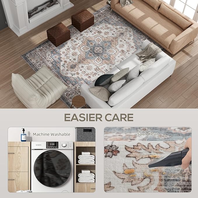HOMCOM Washable Area Rug, 5'x7' Vintage Indoor Distressed Carpet, Retro Floor Cover Foldable, Floral Print Mat for Living Room, Bedroom, Dining Room, Brown and Light Blue