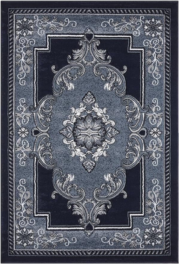 Modern 2x7 Navy Traditional Living Room Rug - Area Rugs for Living Room, Dining & Bedroom - Hand Carved Runner Carpet - Durable Polyester - Non-Fade, Stain-Resistant - Turkish Made
