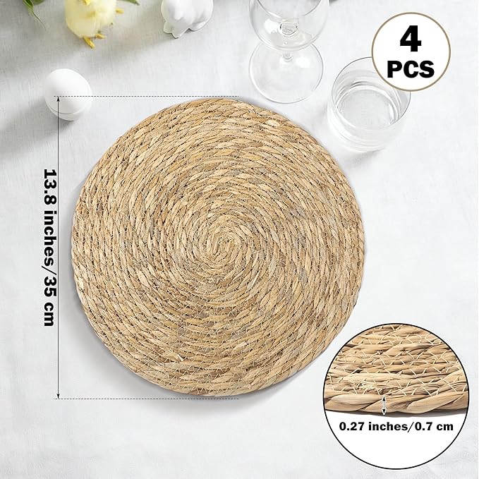 Elcoho 4 Pieces Round Woven Placemats 13.8 Inch Boho Rattan Placemats Farmhouse Braided Place Mats Woven Plate Chargers Rustic Wicker Table Mats for Dining Table