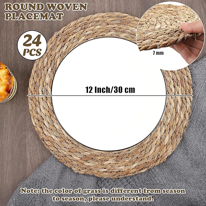 Kochorie Set of 24 Round Woven Placemats 12 Inches Bulrush Placemats Natural Hand-Woven Boho Rattan Placemats Wicker Table Mats Farmhouse Weave Place Mats for Home Dining Table
