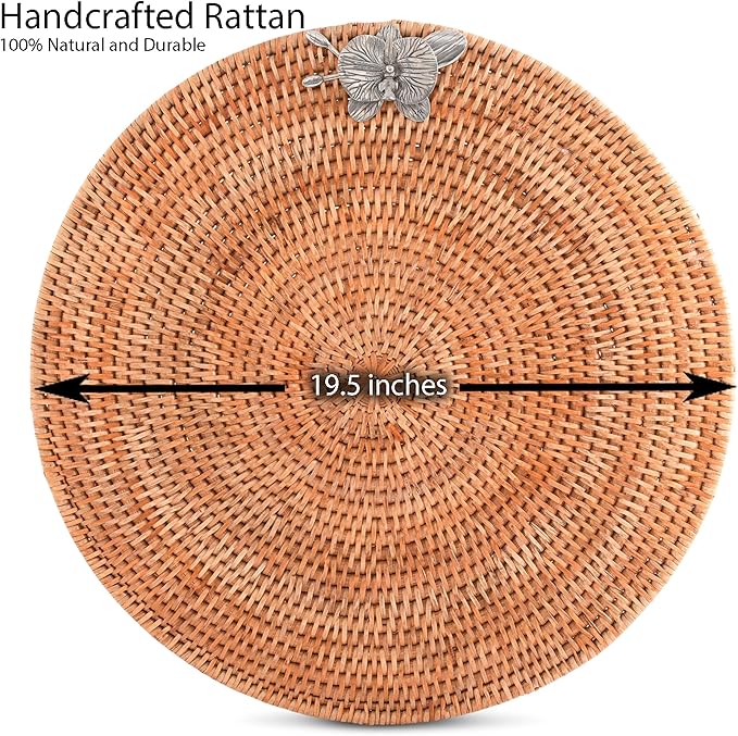 Vagabond House Round Wicker Placemats with Pewter Orchid Accent, Set of 4, 15.5 Inches Diameter - Hand-Woven Rattan, Elegant and Durable, Perfect for Enhancing Table Decor and Protection
