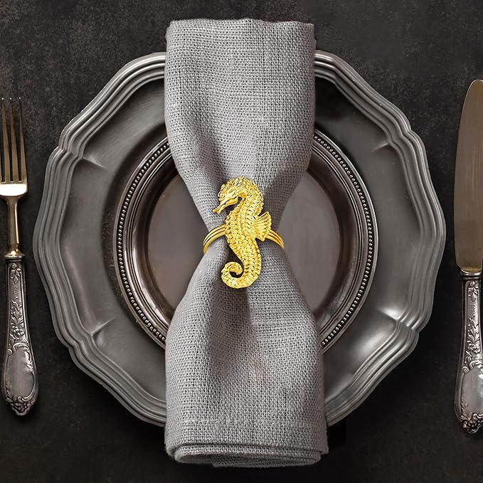 Decozen Set of 8 Gold Napkin Rings in Sea Horse Design, Festive, Table Decor Setting for Holiday, Wedding, Birthday, Kitchen, Home Decor, Housewarming Gift - Mothers Day Decorations