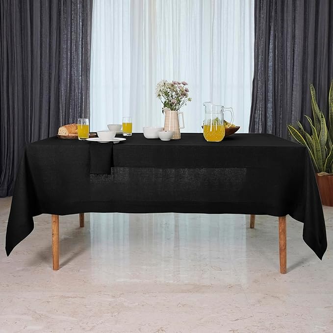 D'Moksha Homes Black Linen Tablecloth 60 x 144 Inch - 100% Pure Linen Table Cloth for Rectangle Tables - Machine Washable Tablecloth for Spring, Easter