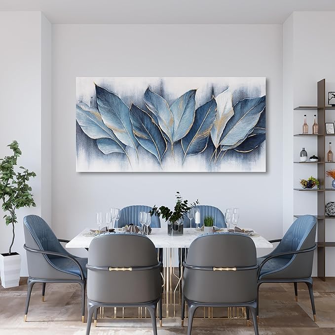Framed Art Wall Decorations Blue Leaves Canvas Wall Art Abstract Art Modern Artwork For Living Room Bedroom Dining Room Home Office Decor 24"X48"