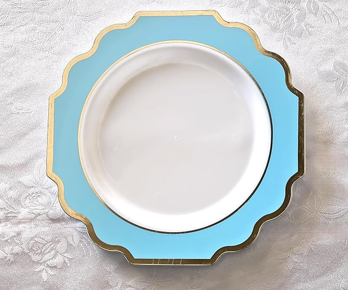 " OCCASIONS " 50 Plates Pack (25 Guests)-Heavyweight Wedding Party Disposable Plastic Plate Set -(25x10.5'' Dinner + 25x8'' Salad/dessert (Imperial Aqua/Gold)