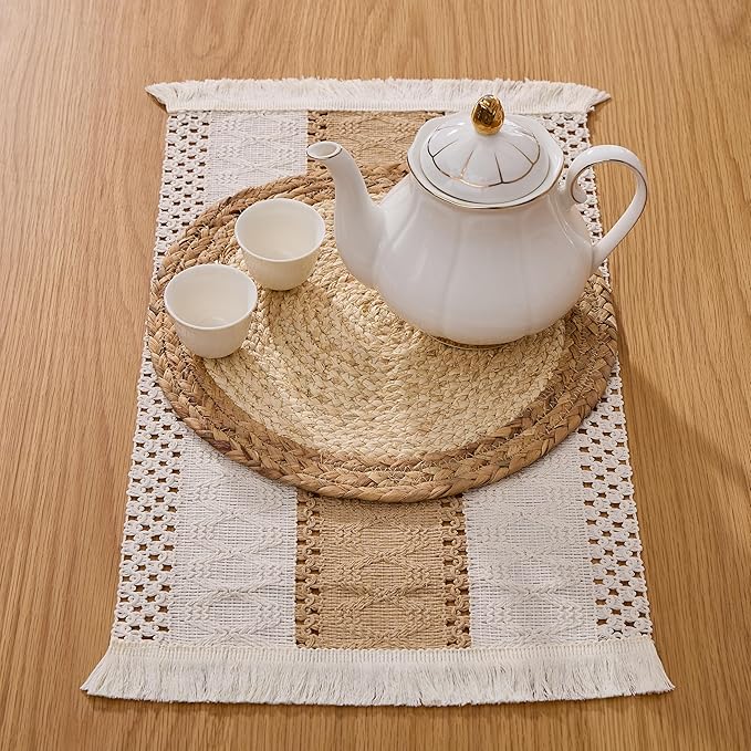 Handmade Boho Placemats Set of 6 - Natural Cotton Burlap and Water Straw Woven Rattan Wicker Braided Combination Table Mats, Macrame Table Décor Farmhouse Bohemian Style for Dining Room Table Kitchen