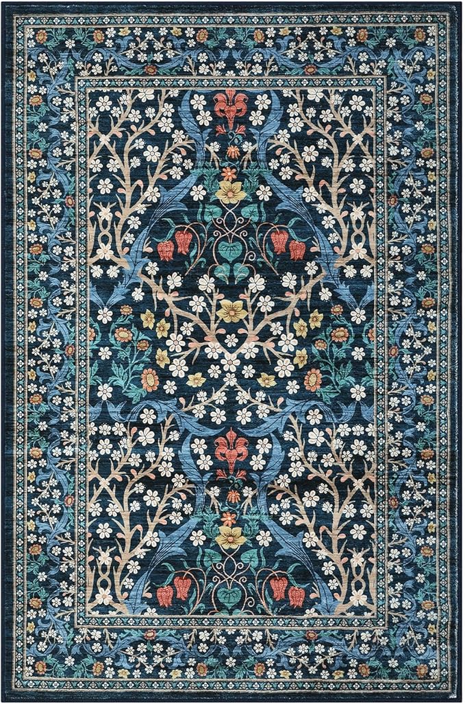 GarveeHome Floral 3x5 Area Rugs for Entryway, Washable Kitchen Rug Non Slip, Low Pile Bedroom Rug, Ultra Soft Stain Resistant Small Carpet for Laundry Room, Dark Blue