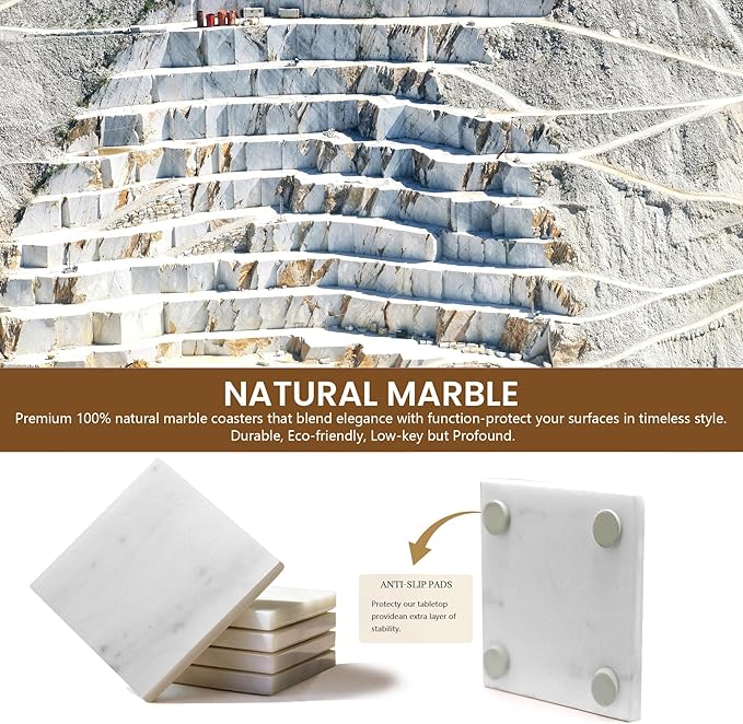 Natural Marble Coasters, Square Costers, Luxury Aesthetic Modern Decor for Coffee Table Bar Kitchen Home, White Marble, Real Natural Semi Absorbent Stone Coasters