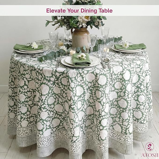 ATOSII Shalimar Green 100% Cotton Round Boho Fall Tablecloth, Handblock Floral Table Cloth Linen for Kitchen Dining I Parties Wedding Outdoors Christmas Thanksgiving I Fall Home Decor 72" Inches Round