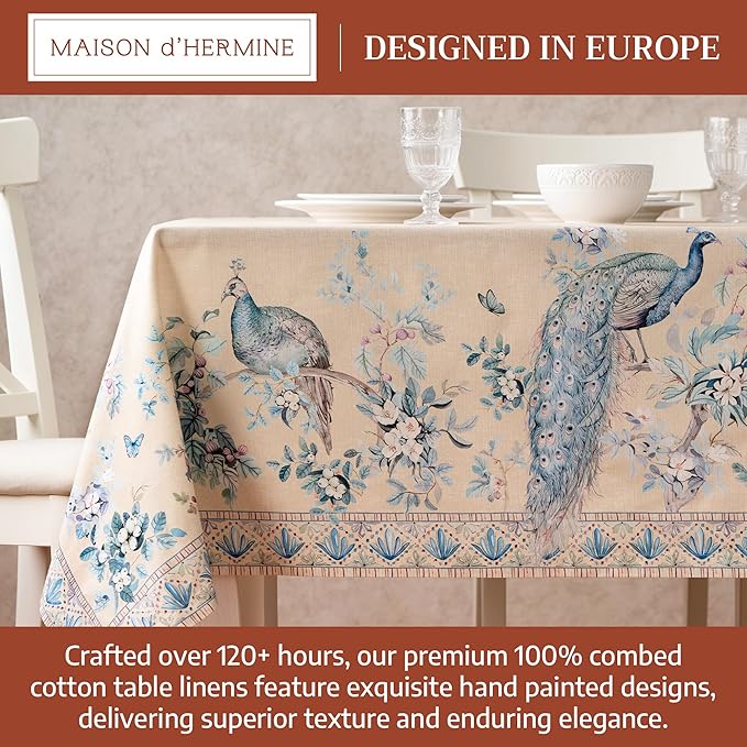 Maison d' Hermine Premium Table Cloth Rectangle Table 100% Combed Cotton 108 x 70 Inches Tablecloth Reusable Decorative for Dining Room, Home, Party, Festive & Wedding - Peacock Utopia - Sandy Beach