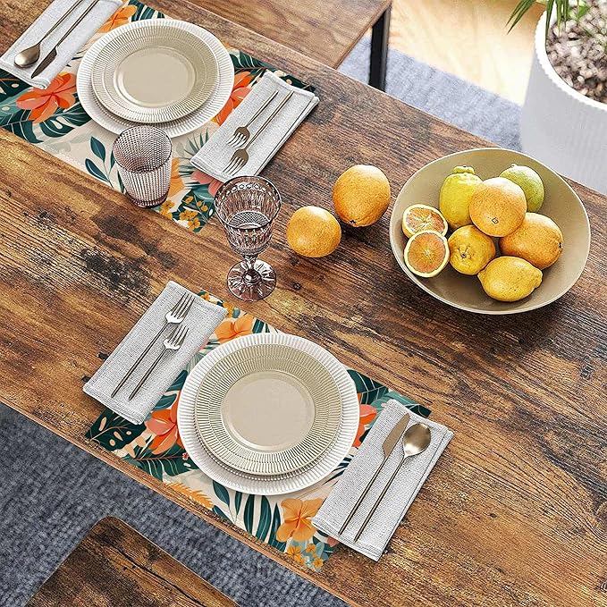 Placemats Set of 6 Tropical Floral Orange Flowers Place Mats Washable Kitchen Dining Linen Table Mats Stain Heat, for Home Party Indoor 12x18 in