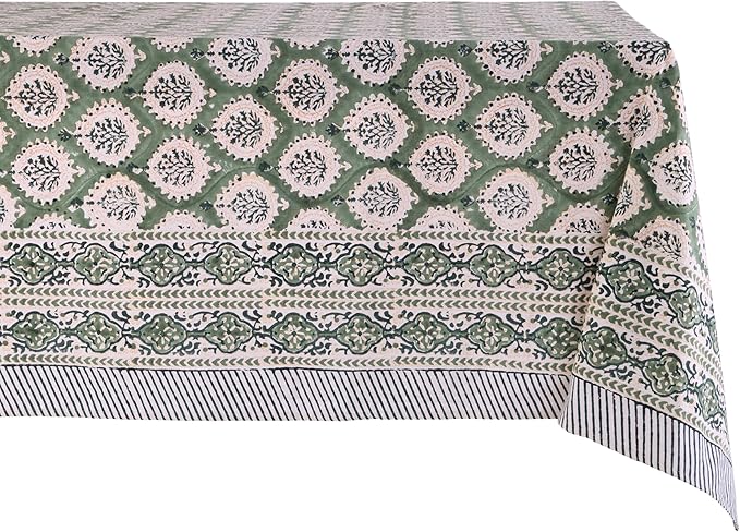 ATOSII Kari Green 100% Cotton Rectangle Boho Summer Tablecloth, Block Print Floral Table Cloth Linen for Dining, Parties, Wedding, Outdoors Home Decor 72 X 108 Inches I 8 Seater I