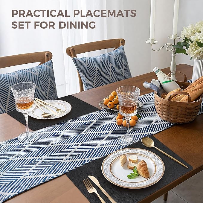 Vinyl Placemats Set of 8, Faux Leather Waterproof and Heat Resistant Place Mats, Washable Anti-Slip Table Mats with Coaster, Wipeable Placemats for Indoor & Outdoor 17" x 12" (Black, Set of 8)