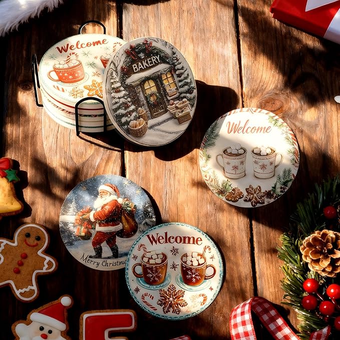 Christmas Drink Coasters Set of 6 with Black Holder and Cork Base, Absorbent Ceramic Coasters Round Decorative Coffee Table Decor for House Warming Gifts New Home
