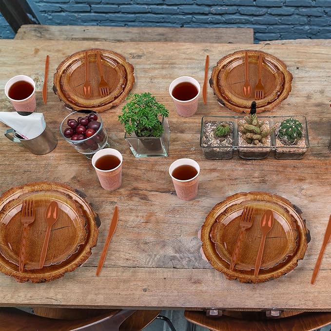 Kochorie 400 Pieces Wood Grain Slice Disposable Party Tableware Sets Rustic Wood Party Supplies Including Plates Cups Napkins Cutlery Serves 50 for Camping Birthday Forest Themed Party Decorations