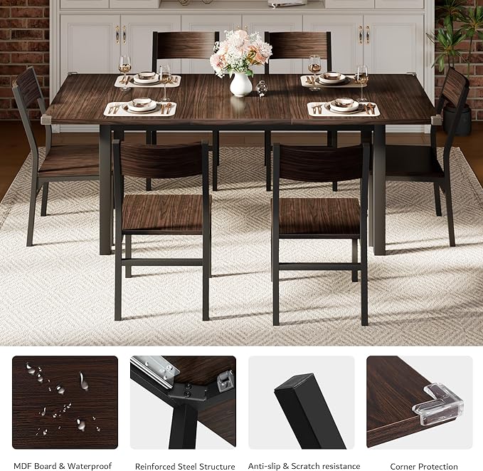 iPormis 7 Pieces Dining Table & Chairs Set for 4-6, 63" Extendable Kitchen Table and 6 Chairs, Dining Room Table with MDF Board & Metal Frame, Perfect for Small Space, Easy Clean, Espresso