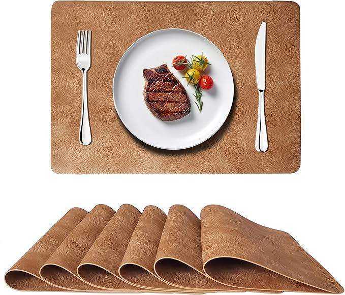 Cowhide Pattern PU Leather Placemats Set of 6 Heat Resistant Kitchen Table Mats, Non-Slip Dining Table Decorations, Double-Sides Waterproof Wipeable Place mats(Camel)