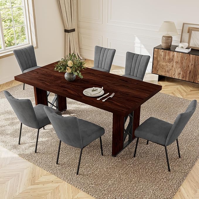 7-Piece Dining Table Set for 6 People, 70.8" MDF Kitchen Table with 6 Velvet Chairs, Space-Saving for Dining Room, Breakfast Nook(Walnut Table+6 Grey Chairs)