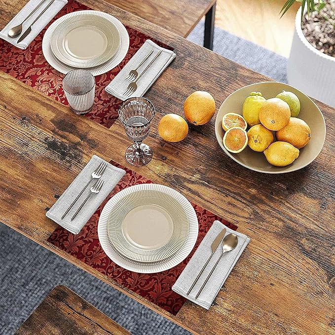 Luxury Jacquard Placemats Set of 6, Red Ethnic Bohemian Waterproof Linen Fabric, Non-Slip Backing & Easy Clean, Elegant Dining Table Protectors for Family and Guests