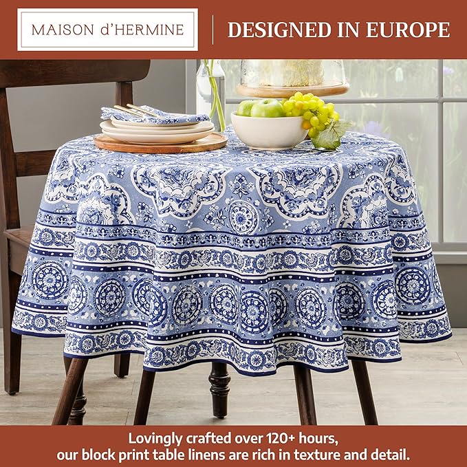 Maison d' Hermine Table Cloth Round Table 100% Cotton 63 Round Inches Tablecloth Reusable Decorative for Dining Room Farmhouse Home Valentines Day Decorations Spring Summer - Melodie Bleue