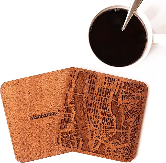 Manhattan, NY Map Coaster by O3 Design Studio, Set Of 4, Sapele Wooden Coaster With City Map, Handmade