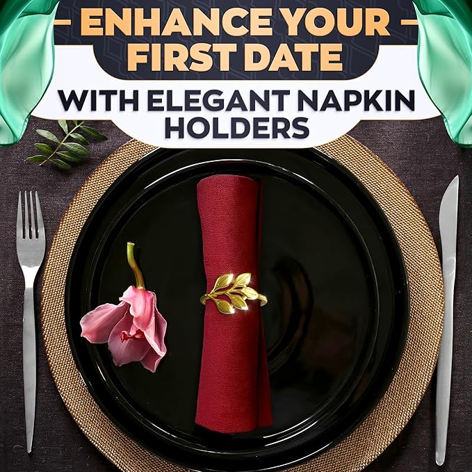 Valentine Gold Napkin Rings Set of 12 - Gold Leaf Napkin Rings Set | Elegant Design Napkin Ring Holders for Valentine Table Decorations, Festive Dinners & Special Occasions, Kitchen Gifts for Hosts