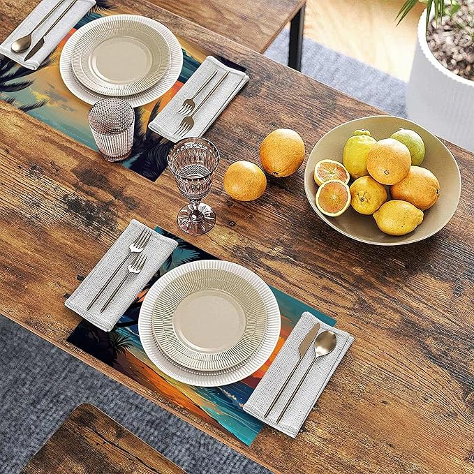 Sunset Trees Sea Beach Placemats, Tropical Palm Placemats 12x18 Inch Waterproof Non-Slip Washable Table Mats for Kitchen Dining Party Table Decor,Set of 6