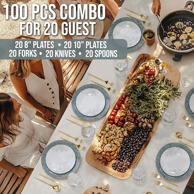 Trendables Fancy Plastic Dinnerware Sets 100 Pc Set 20 Guests Gold Silverware Disposable 20 X 10 Inch Charger Plates 20 X 8 Inch Dessert Plates 20 x Gold Plastic Forks and Spoons Knives In Aleh