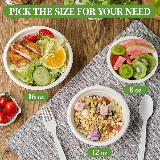 ECOLipak 300 Pack Compostable Paper Bowls, 8 oz Heavy-Duty Disposable Biodegradable Soup Bowls Made of Natural Bagasse, Suitable for Soup, Salad, Dessert, Milk, Cereals