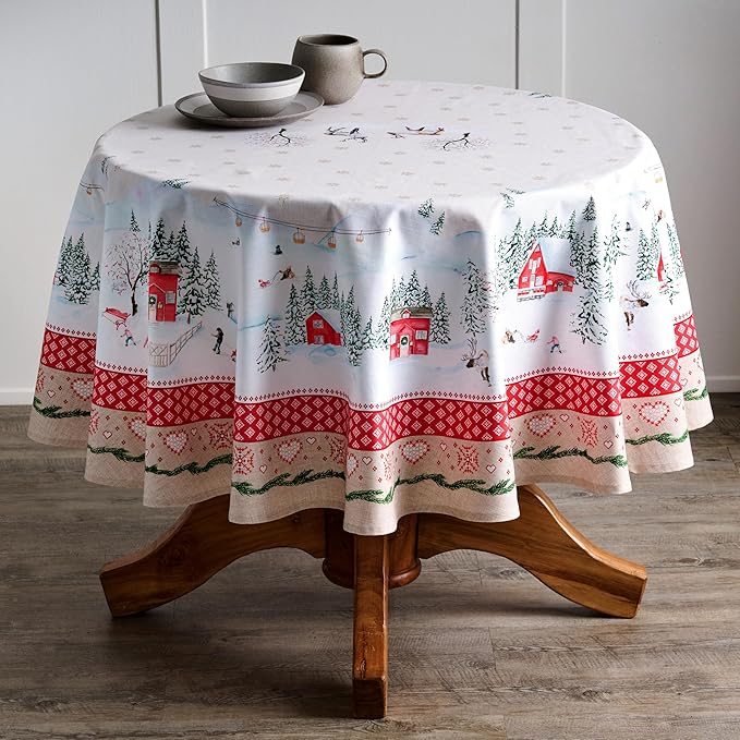 Maison d' Hermine Table Cloth Round Table 100% Cotton 63 Inches Fall Tablecloth Reusable Everyday Use for Thanksgiving Christmas Decorations Dining Farmhouse Party (Rural Christmas)