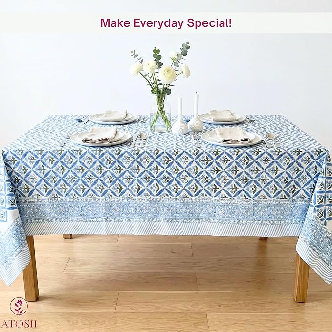 ATOSII Netta Blue 100% Cotton Square Summer Tablecloth, Handblock Floral Print Linen Table Cloth for Kitchen Dining I Parties, Weddings, Outdoors, 60 X 60 Inches I 4 Seater