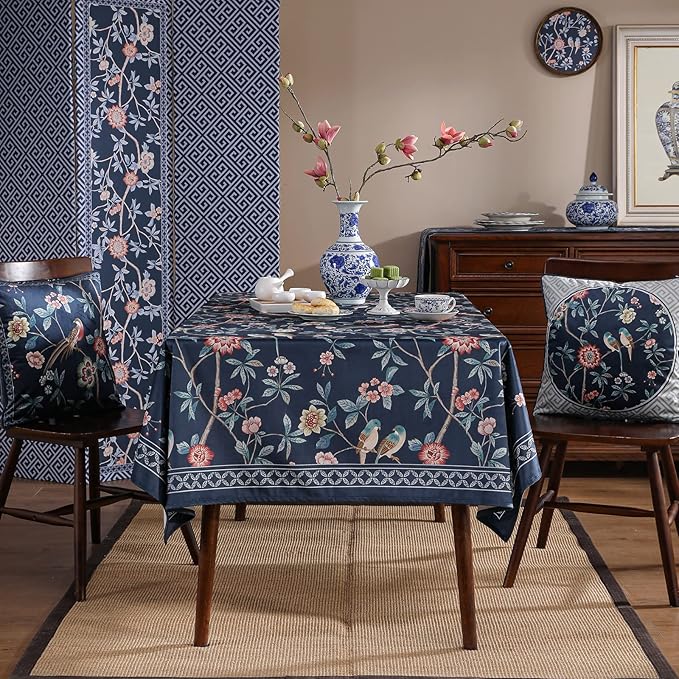 patdrea Designer Dark Blue Linen Rectangle Tablecloth,Vintage Navy French Floral and Birds Pattern Table Cloth,Decoration Table Cover for Kitchen,Dining,Tea Party,Home,Christmas,63"*87"