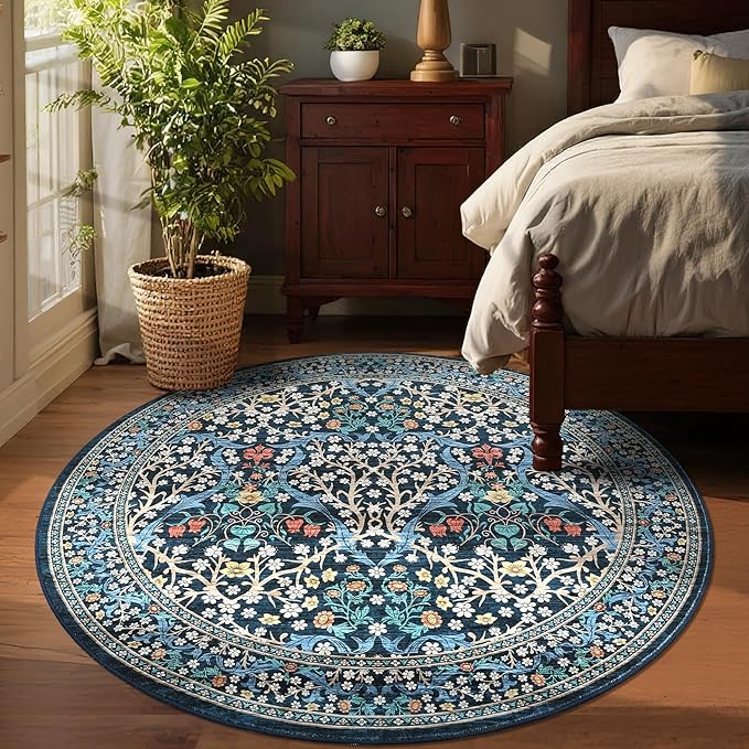 GarveeHome Dark Blue Floral 4 ft Round Rug Washable Non-Slip Soft Low Pile Small Circle Carpet Vintage Rugs for Kitchen Bedroom Nursery Dining Living Room