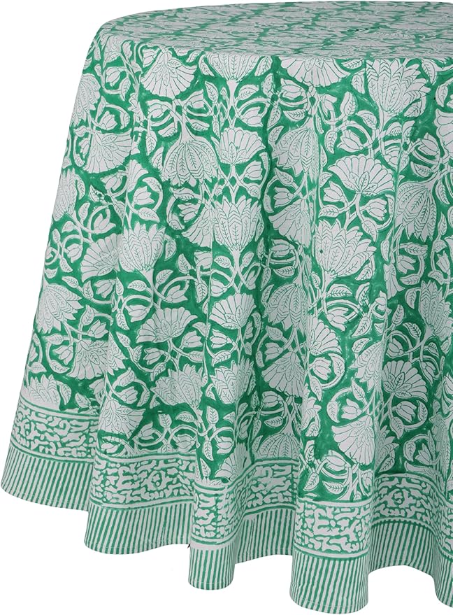 ATOSII Meadow Green 100% Cotton Summer Round Tablecloth, Block Print Table Cloth for Dining, Weddings, Outdoors, Parties I Grand Millenial Farmhouse Coastal Boho Home Decor 72" Inches 4 Seater