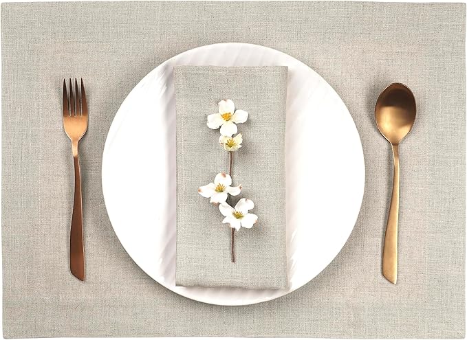 D'Moksha Homes Linen Natural Placemats Set of 4-100% Pure Linen Placemats 14 x 19 Inch for Valentines, Spring, Easter - Handcrafted and Machine Washable